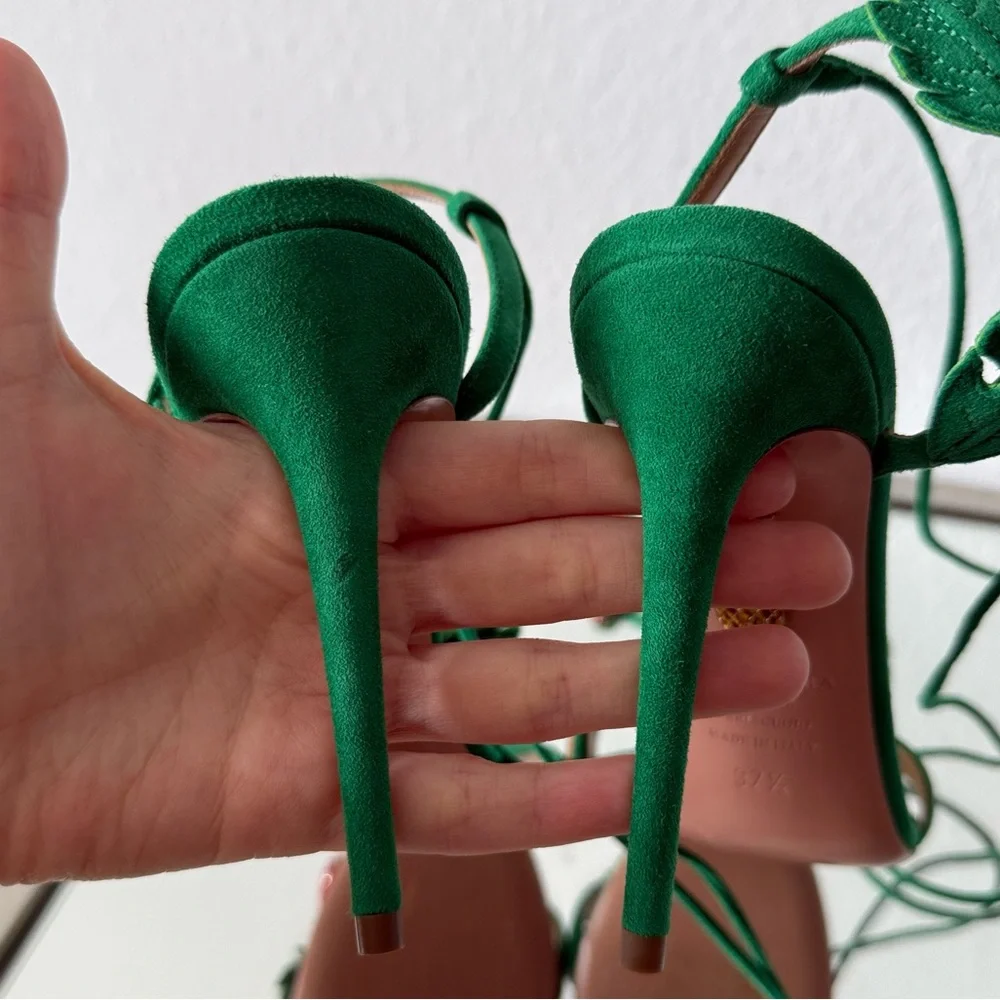 New Aquazzura Green Fragolina 105 Embellished Suede Sandals 37.5 $1,295